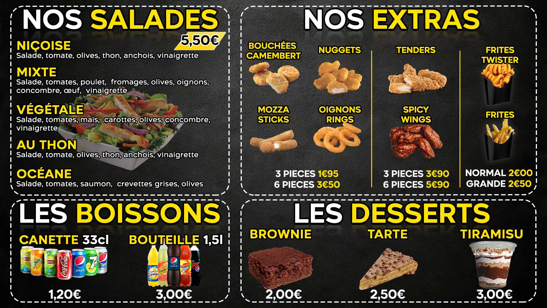 Menu salades, extras, boissons et desserts O'Délice Tourcoing